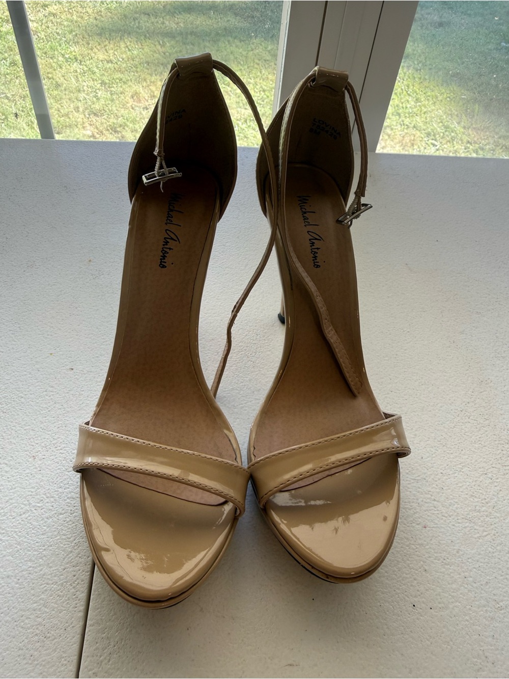 Michael Antonio Beige Patent Ankle-Strap Heels